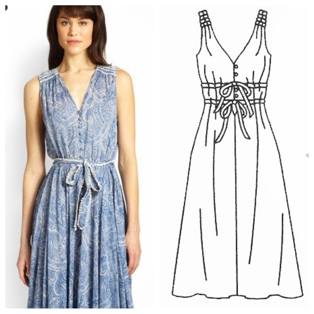 NWOT MARCHESA VOYAGE Blue Printed Long Dress with Embroidered Accent Belt Size 8 - Picture 5 of 8